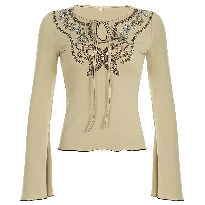 Women's Hollow Out Tied Split Flare Long-sleeved Top