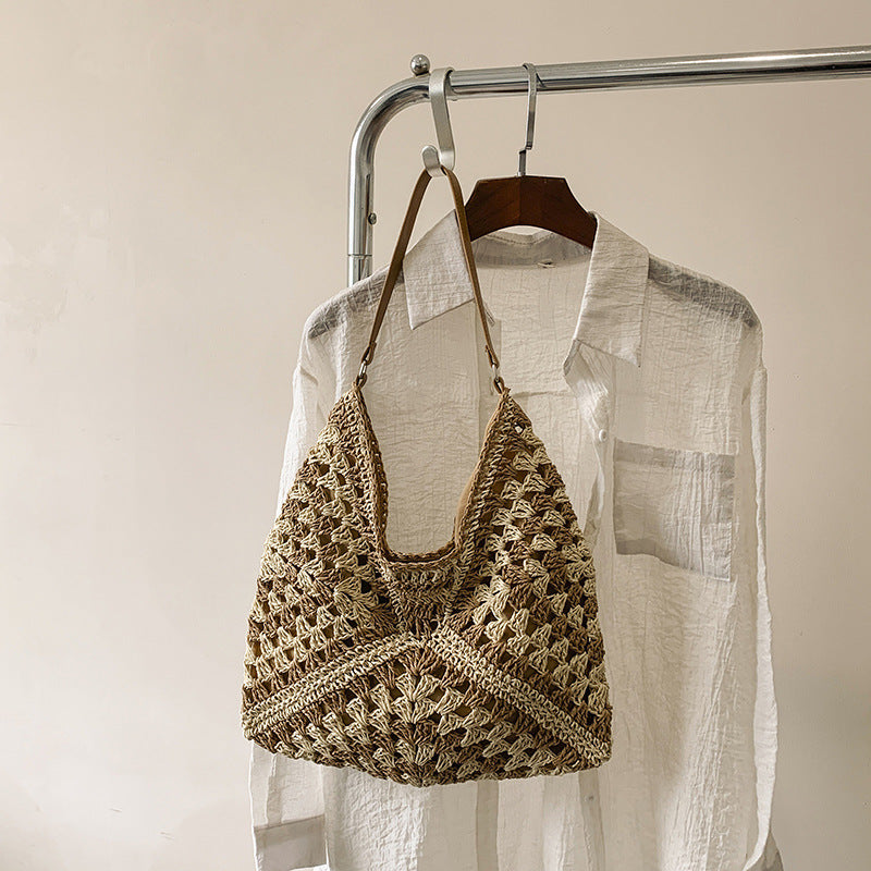 Shoulder Bag Women's Fashion Handmade Straw Woven Hollow Contrast Color Weave Shoulder Bag