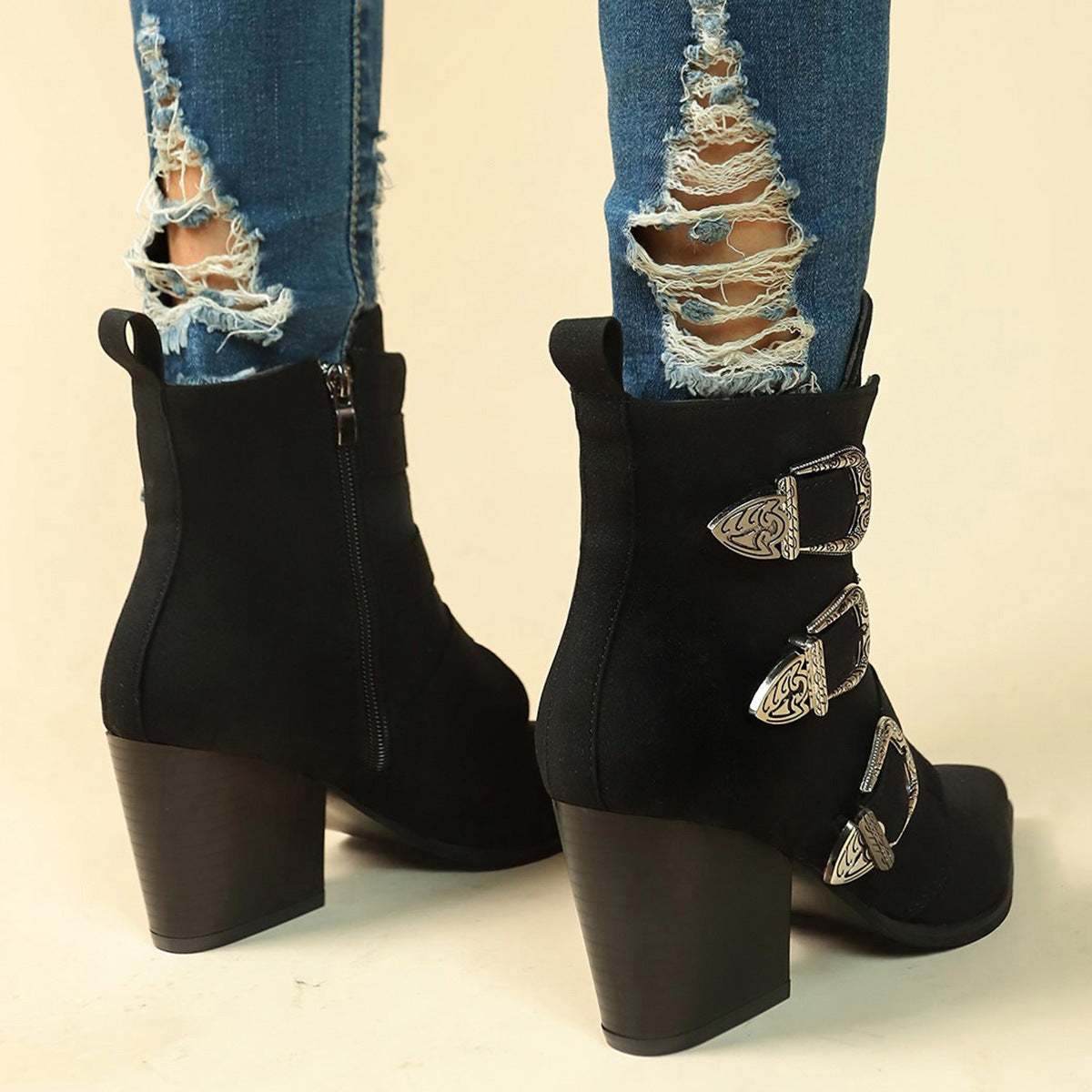 Toe Boots Chunky Heel Pointed Toe Boots With Belt Buckle Design Retro Mid-calf Boot Fashion Fall Winter Shoes For Women