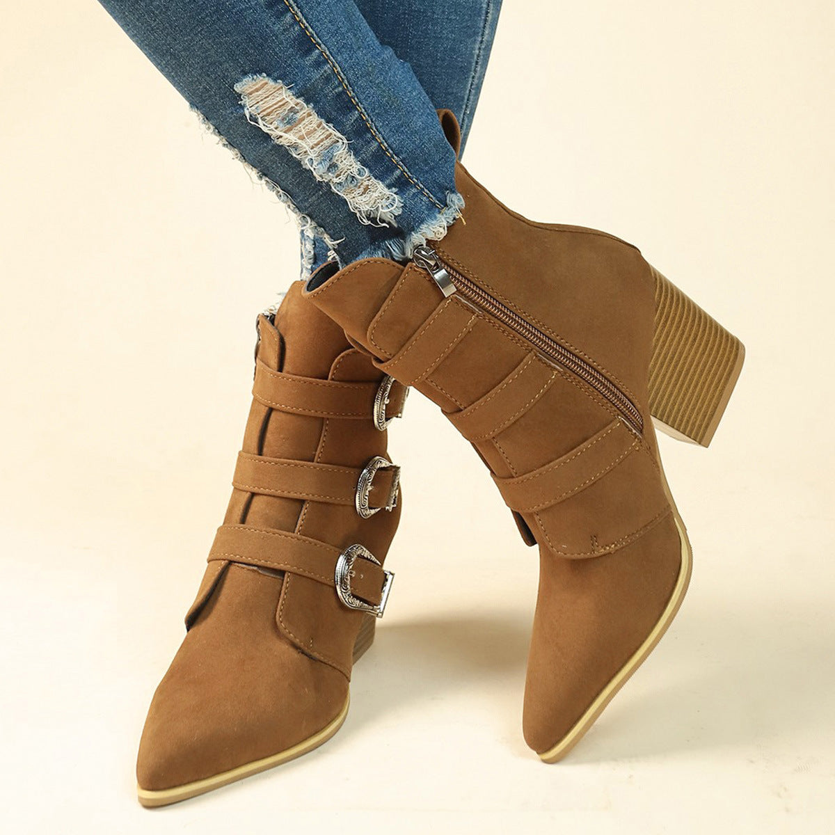 Toe Boots Chunky Heel Pointed Toe Boots With Belt Buckle Design Retro Mid-calf Boot Fashion Fall Winter Shoes For Women