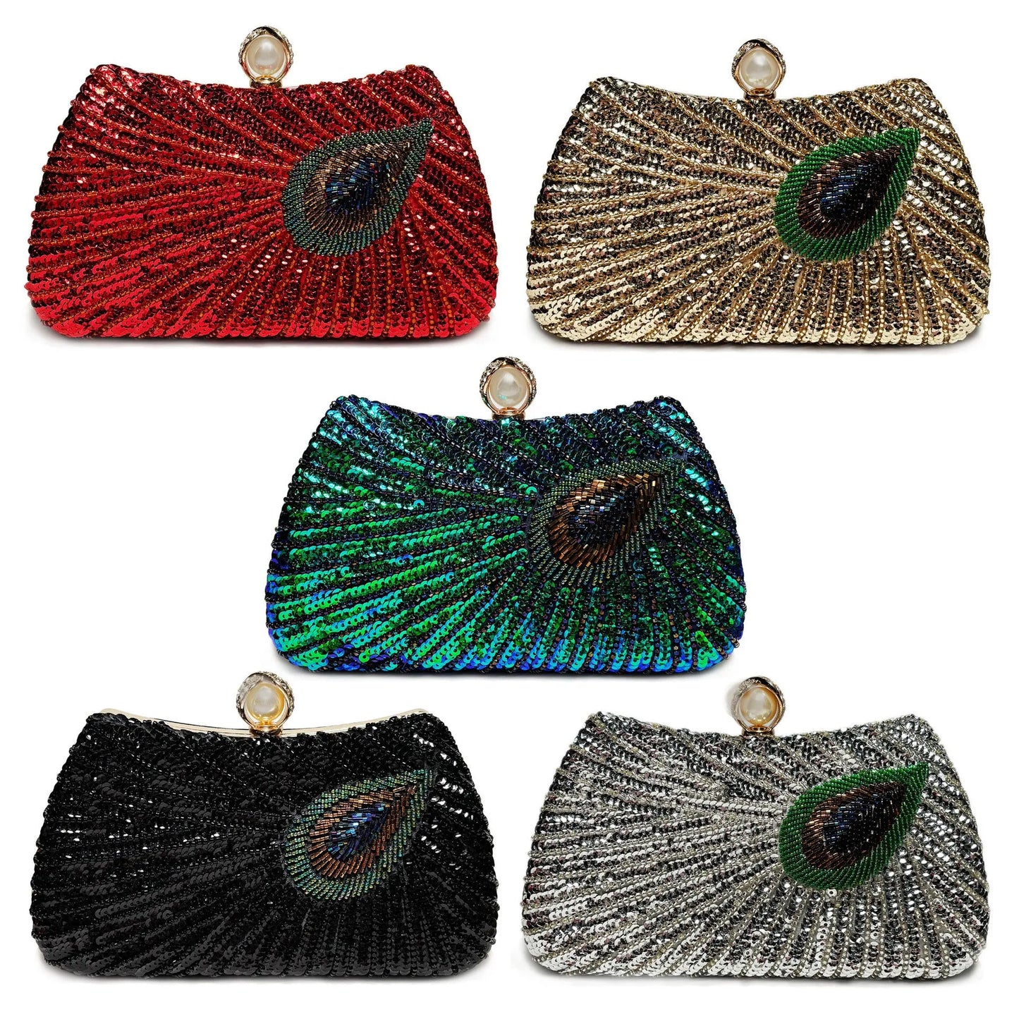 Beaded Peacock Feather Shoulder Bag Large Pearl Rhinestone Large Capacity Crossbody Shoulder Bag