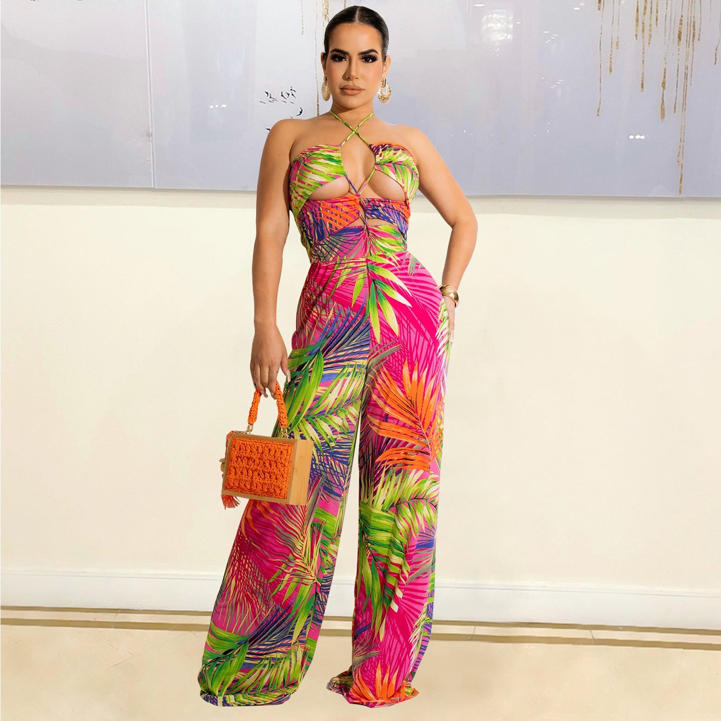 Wide Leg Pants Women's Fashion Digital Print Wrap Chest Wide Leg Pants