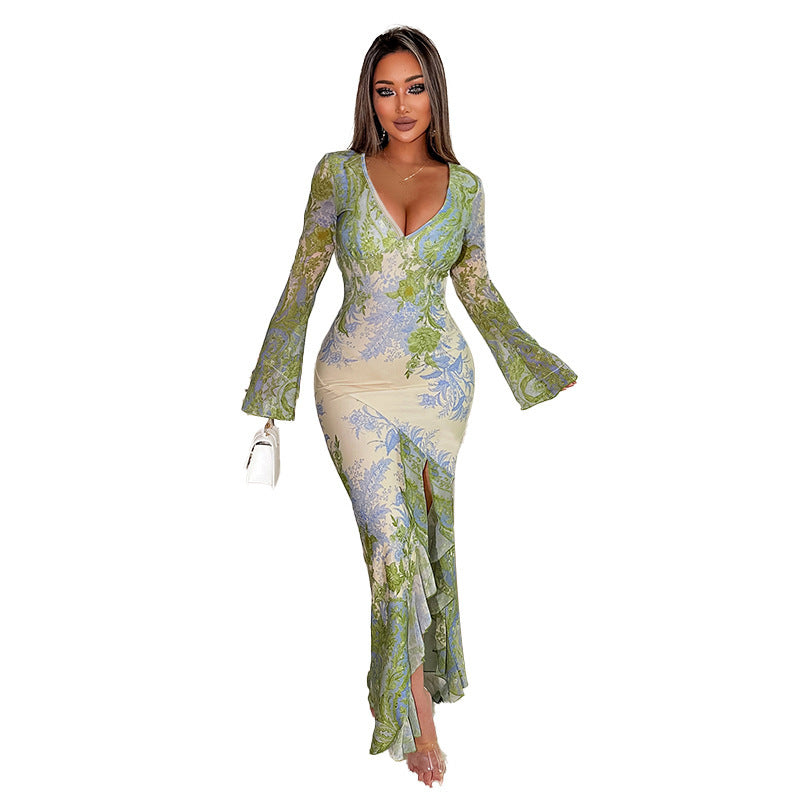 Women's Autumn Dress Elegant Slim Print Irregular Dress