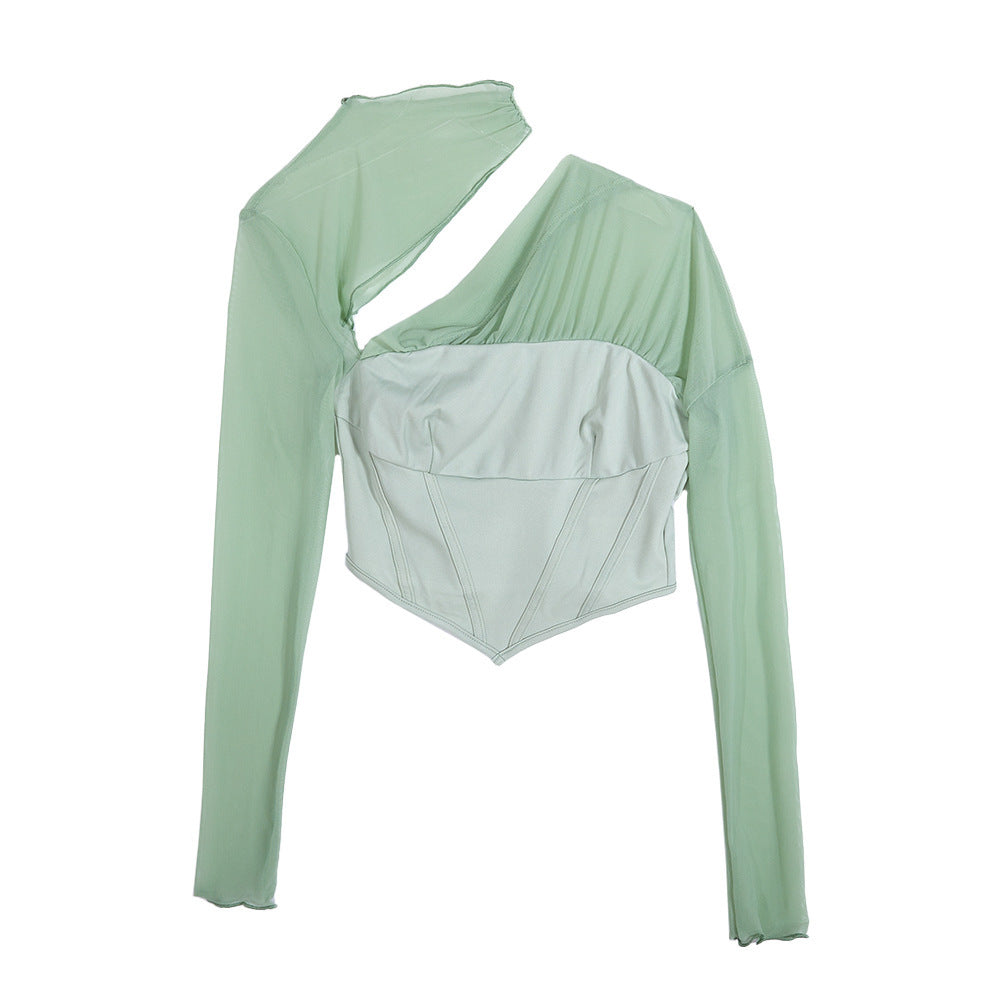 Europe And America's New Slim-Fitting T-shirt Women's Mesh Splicing Hollow