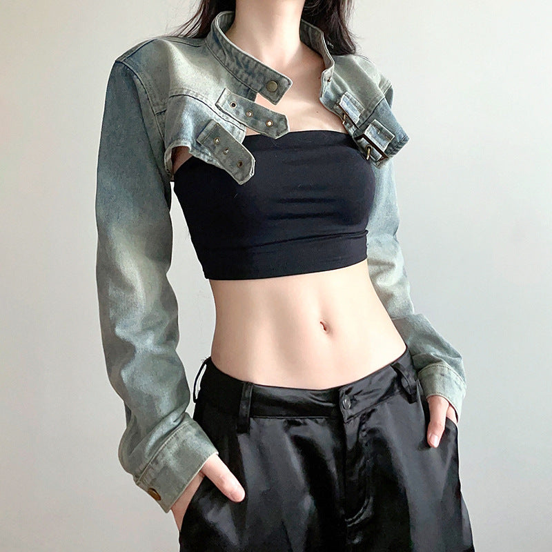 Loose Long Sleeve Ultra Short Denim Waistcoat Jacket Blouse
