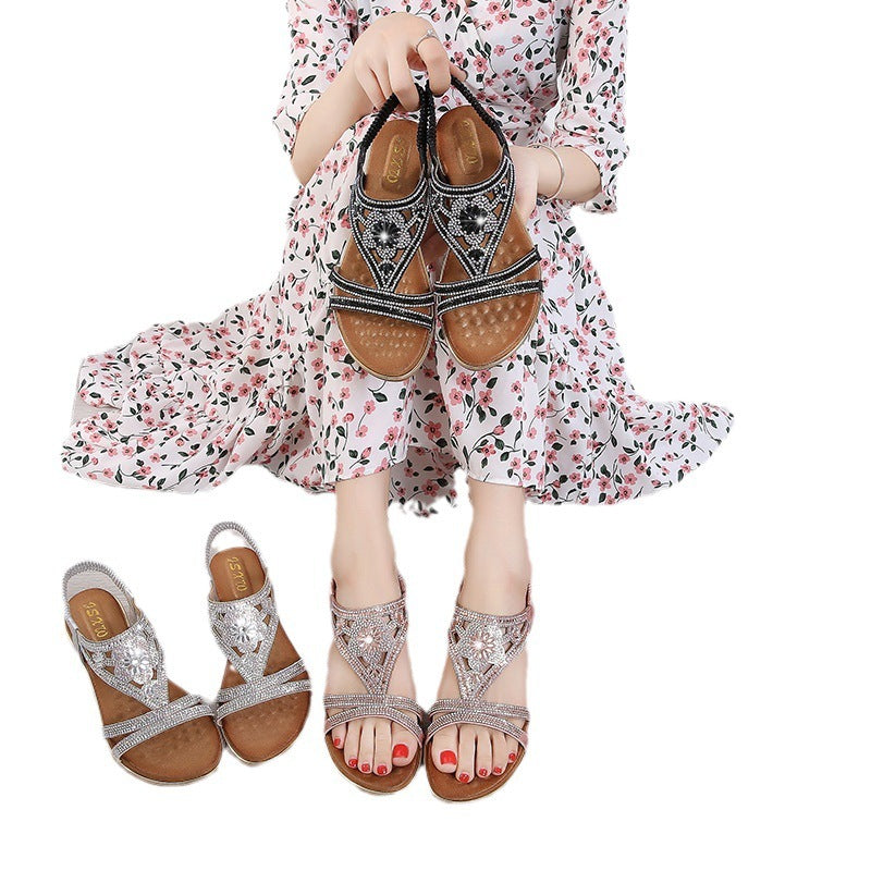Women's Fashion Sandals Flat Bottom Ethnic Feng Shui Diamond Sandals