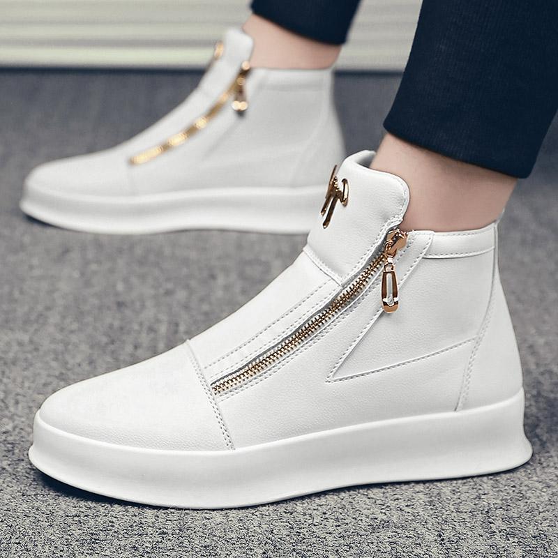White Leather Boots Wedding Photography White Leather Boots Personality Metal Men's Shoes Double Zipper Fashion Brand Sports Casual Borad Shoes