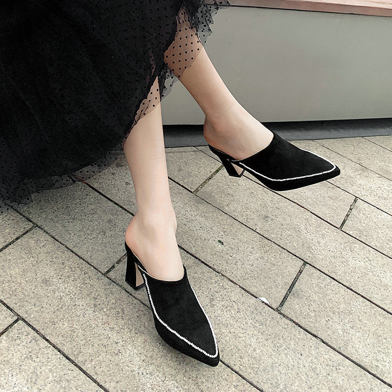 High-heeled Shoes Baotou Half Slippers Women's Outer Wear Half Support Thick-heeled High-heeled Shoes All-match Pointed Toe