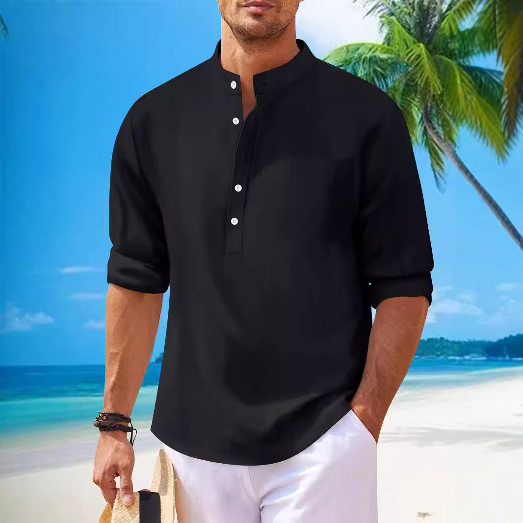 Men's Cotton Shirt And Linen Stand Collar Long Sleeve Shirt