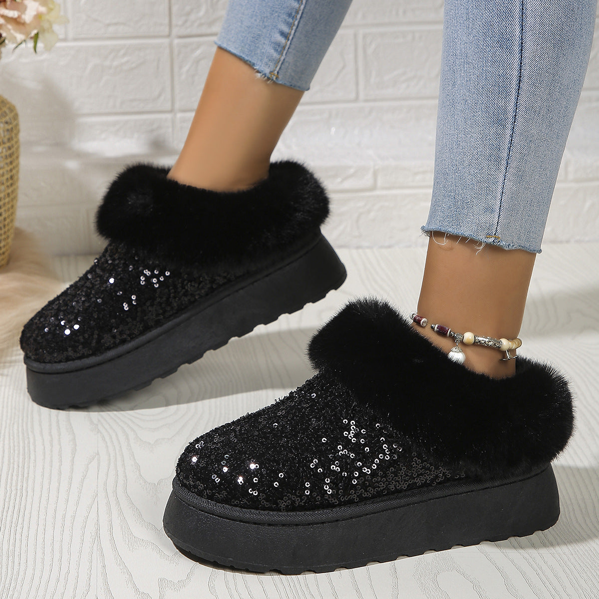 Fashion Warm Slippers Sequined Thick-soled Plush Shoes Winter Indoor And Outdoor Casual Warm Slippers Women Garden House Shoes