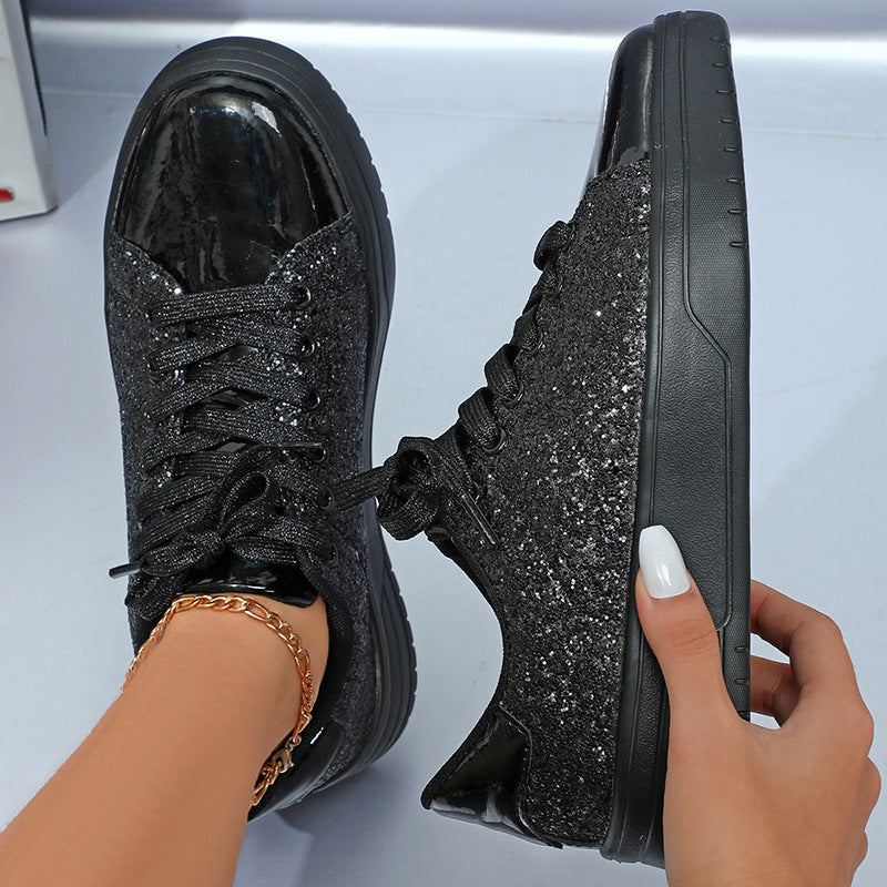 Glitter Lace-up Sneakers Sequin Design Flats Shoes Women Trendy Casual Thick-soled Lace-up Sneakers Fashion Skateboard Shoes