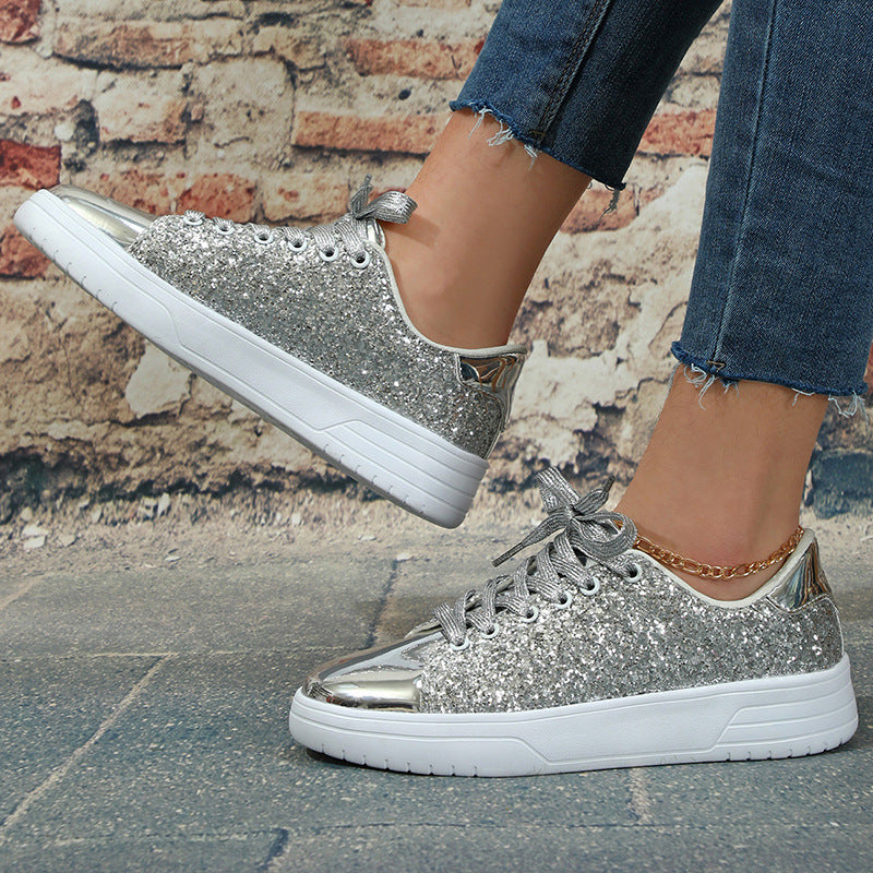 Glitter Lace-up Sneakers Sequin Design Flats Shoes Women Trendy Casual Thick-soled Lace-up Sneakers Fashion Skateboard Shoes