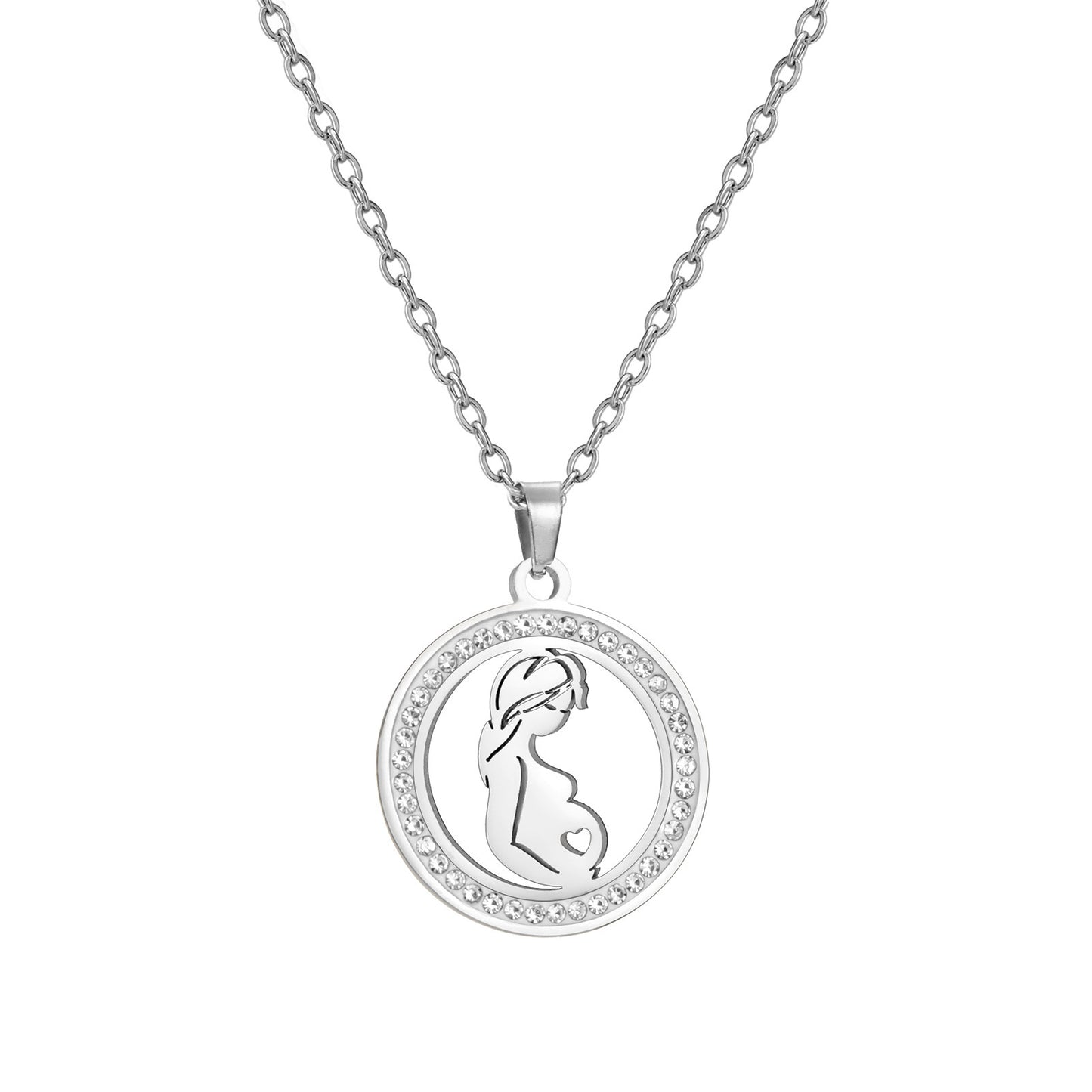 Transparent Zircon Round Pendant Necklace Stainless Steel