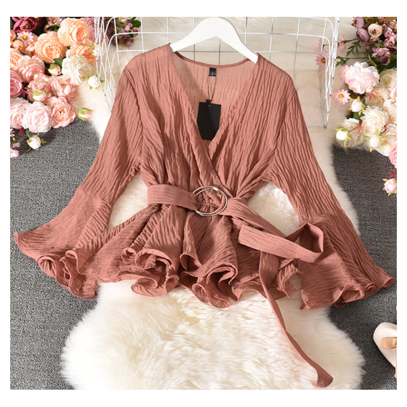 Cross V-Neck Low-Cut Sexy Flared Sleeve Top