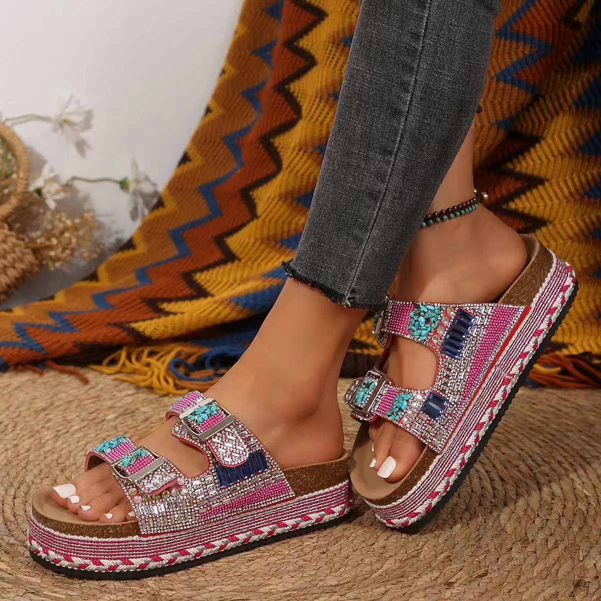Thick Bottom Slippers Hemp Rope Double Buckle Rhinestone Cork Beach Flat Slippers