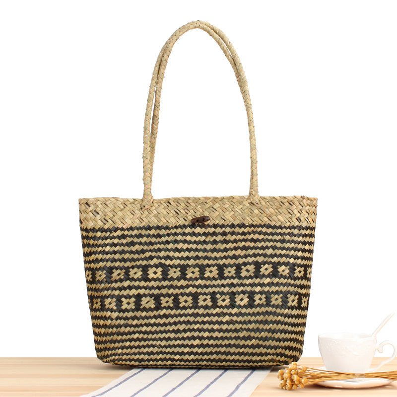 Shoulder Handbag Natural Mat Grass Woven Open Shoulder Handbag