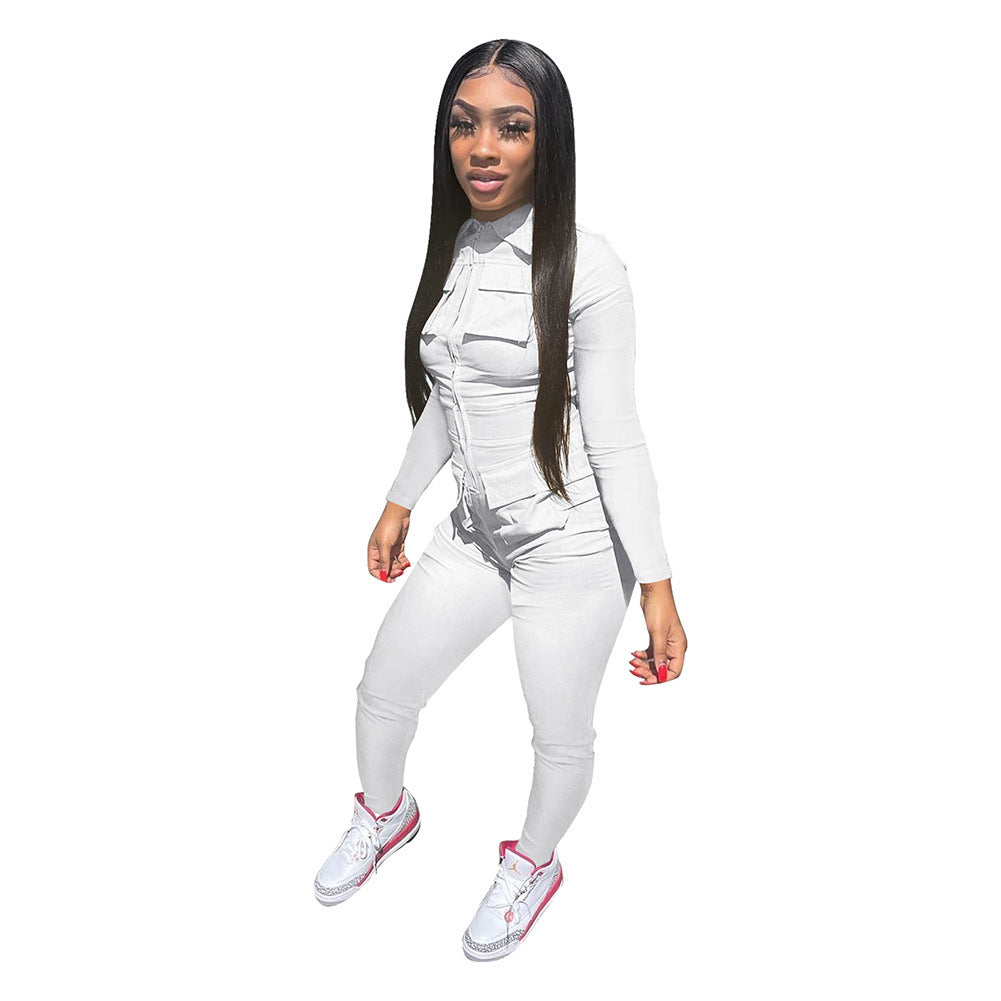 Jumpsuit Solid Color Long Overalls Zipper Pocket Jumpsuit