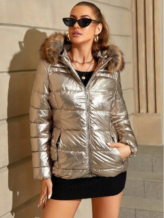 Women's Winter Ultralight Padded Jacket With Hooded Fur Collar Detachable
