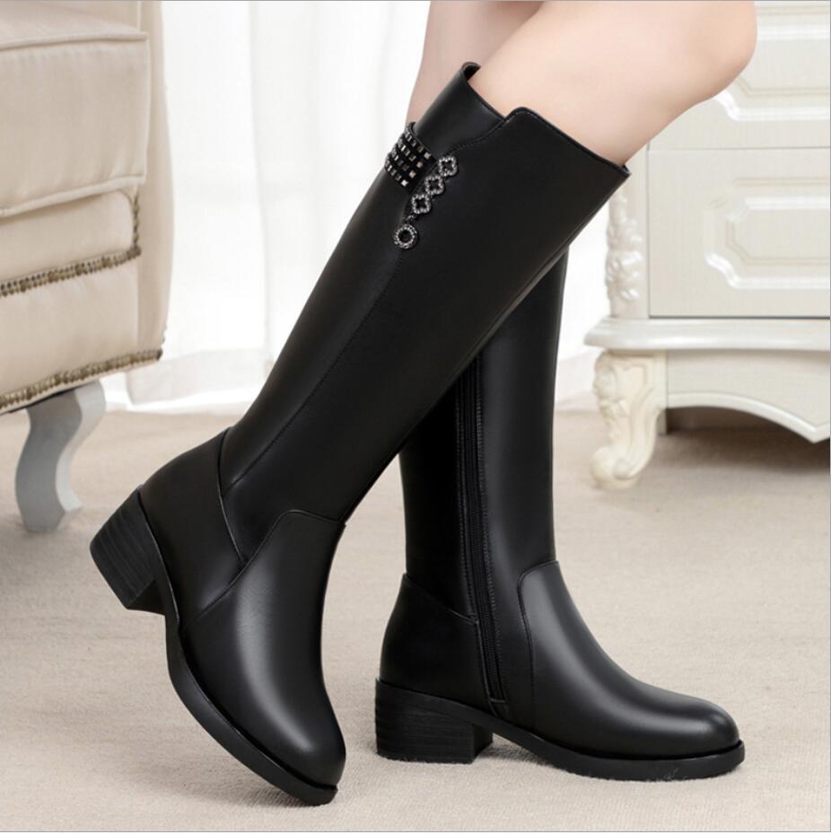 leather boot lady Plush wool medium thick sole leather boot lady