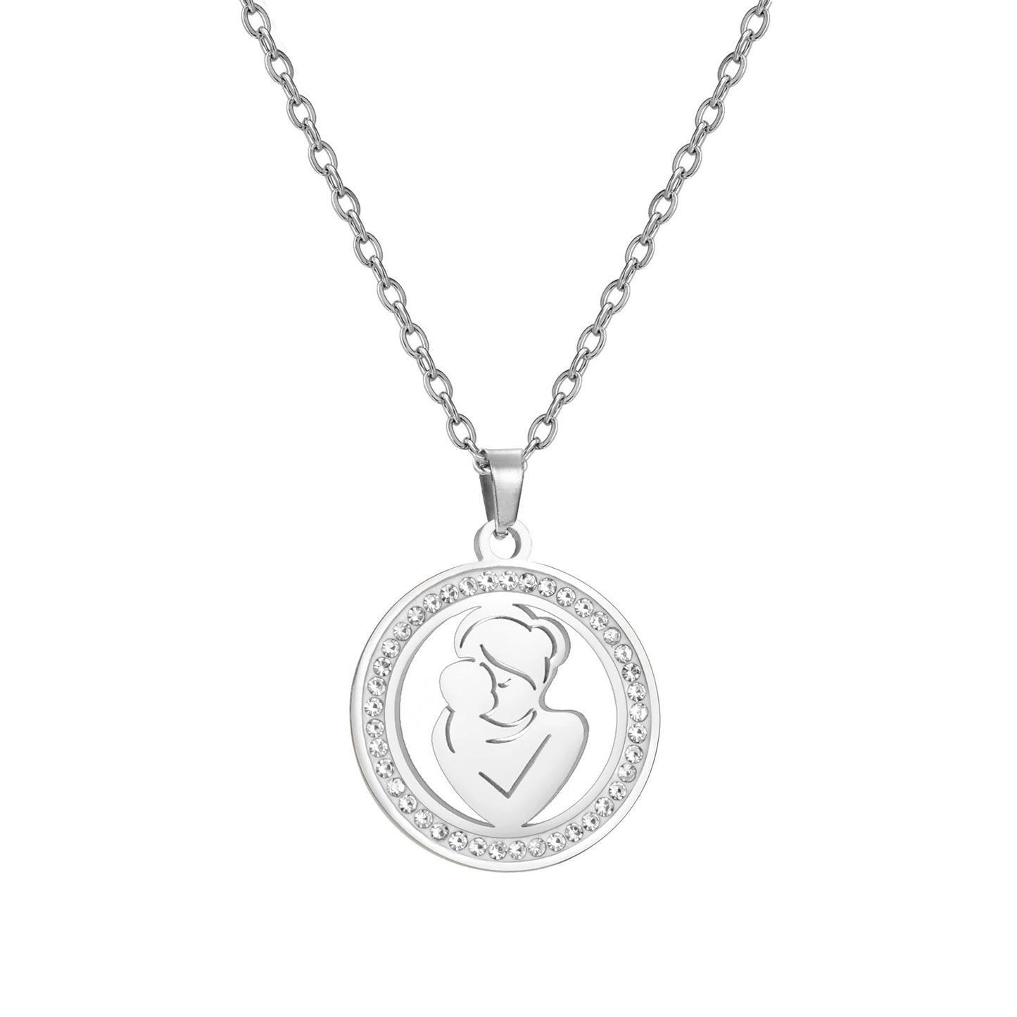 Transparent Zircon Round Pendant Necklace Stainless Steel