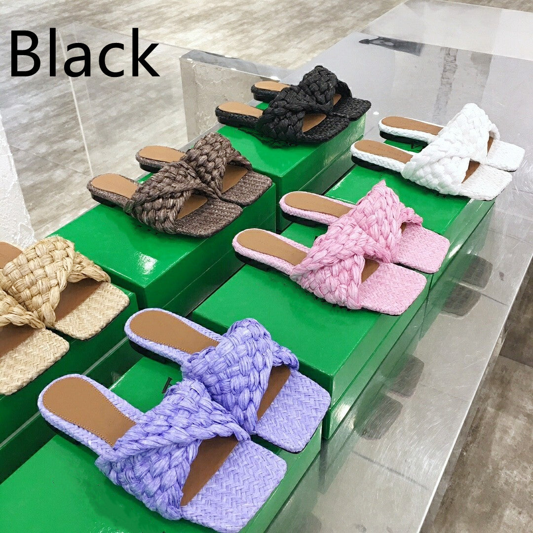 Women's Woven Flat-bottomed Sandals And Slippers