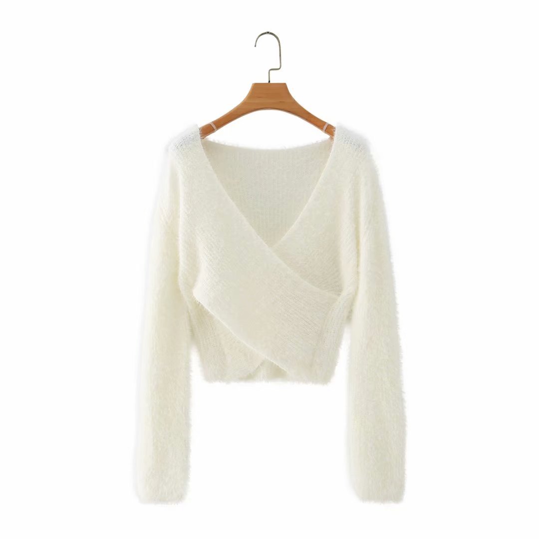 Sexy Cross V-neck Long Sleeve Top Knitted Sweater