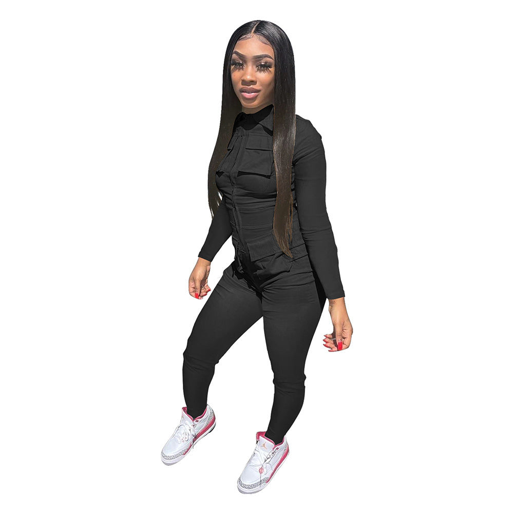 Jumpsuit Solid Color Long Overalls Zipper Pocket Jumpsuit