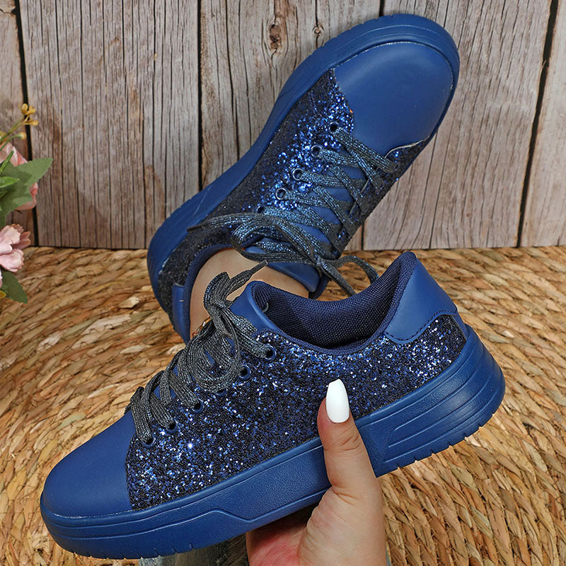 Glitter Lace-up Sneakers Sequin Design Flats Shoes Women Trendy Casual Thick-soled Lace-up Sneakers Fashion Skateboard Shoes
