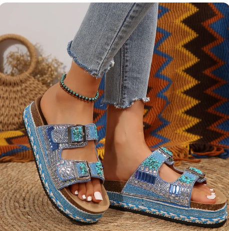 Thick Bottom Slippers Hemp Rope Double Buckle Rhinestone Cork Beach Flat Slippers