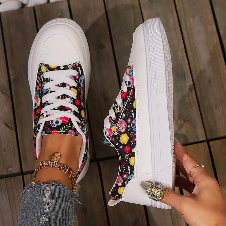 Shoes For Women Halloween Skull Print Lace-up Canvas Shoes For Women Fashion Breathable Versatile Flats Student Casual Shoes