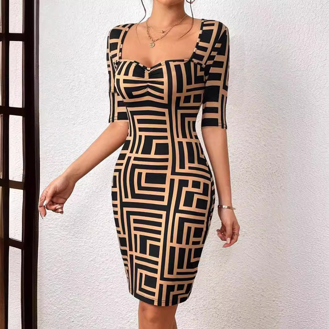 Mid-sleeve Dress New Fashion Printed Square Collar Waist-tight Mid-sleeve Dress
