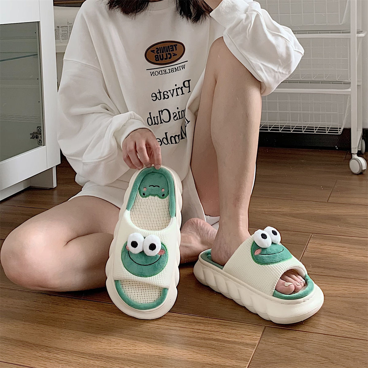 Linen Slippers Women's Cartoon Cute Frog Linen Slippers