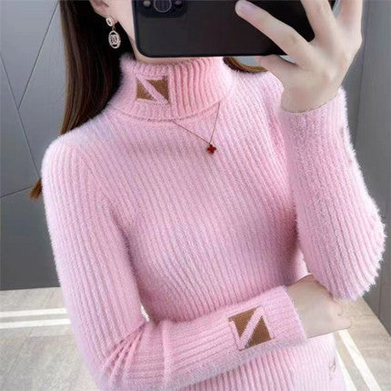 Women's Turtleneck Sweater Mink Fur Letter Jacquard