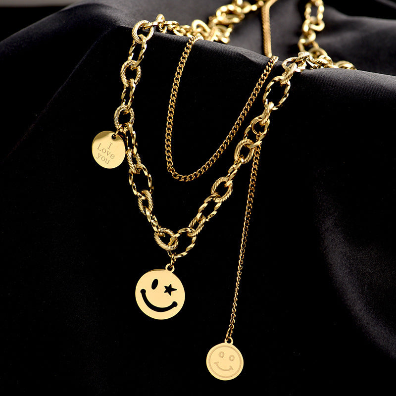 Titanium Steel Round Brand Smiley Face Double-layer Clavicle Chain Women