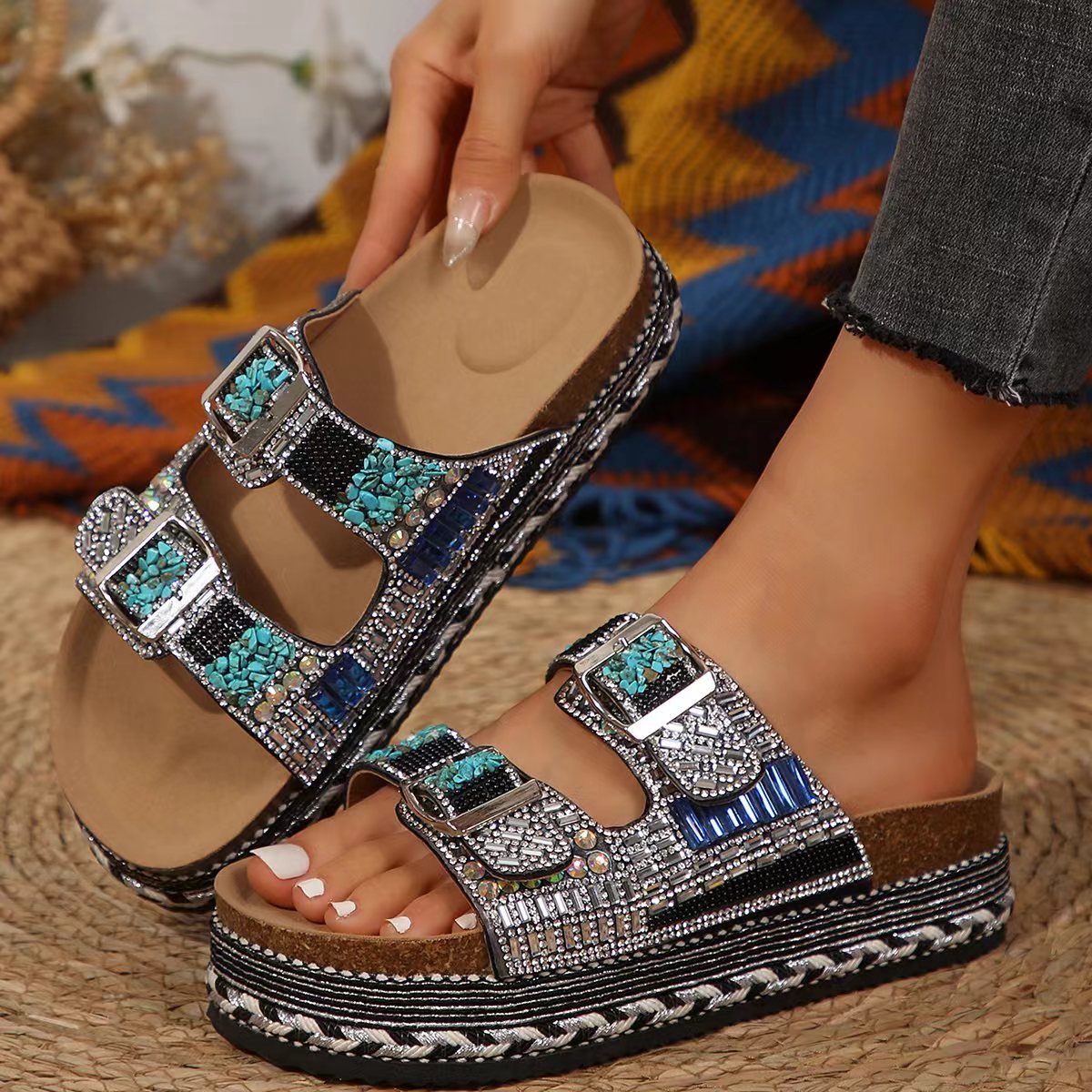 Thick Bottom Slippers Hemp Rope Double Buckle Rhinestone Cork Beach Flat Slippers