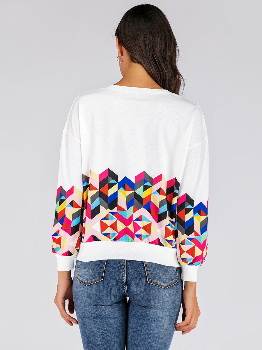 Women's round neck geometric printing zipper decoration long sleeve sweater