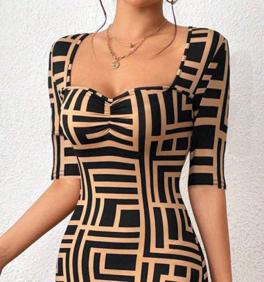 Mid-sleeve Dress New Fashion Printed Square Collar Waist-tight Mid-sleeve Dress