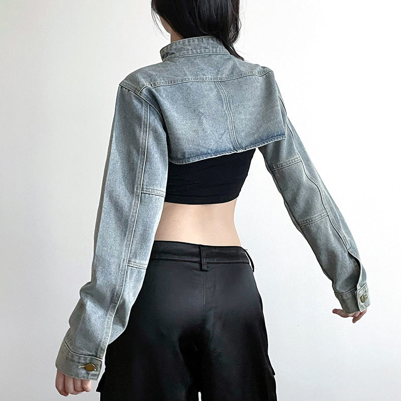 Loose Long Sleeve Ultra Short Denim Waistcoat Jacket Blouse