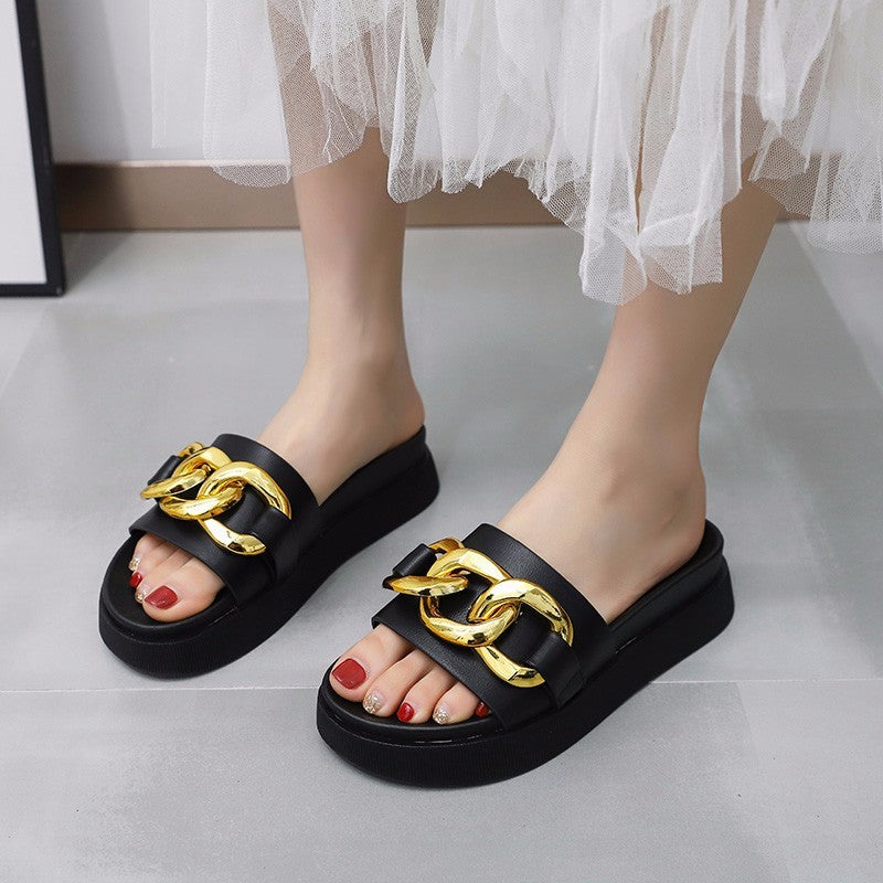 Flat-bottomed Flip-flop Summer New Style Metal Chain Flat-bottomed Lazy Beach Flip-flop Women