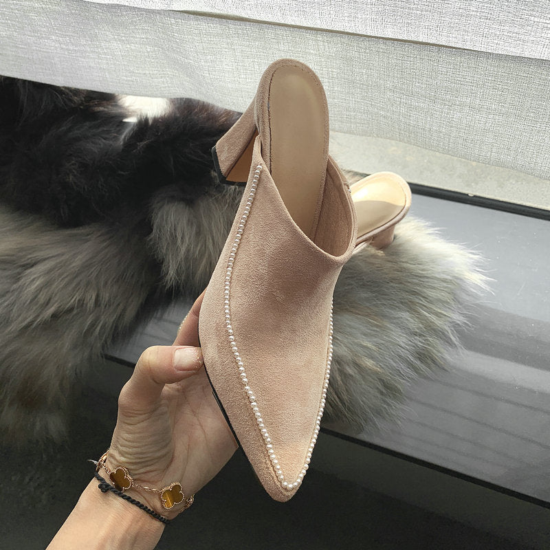 High-heeled Shoes Baotou Half Slippers Women's Outer Wear Half Support Thick-heeled High-heeled Shoes All-match Pointed Toe