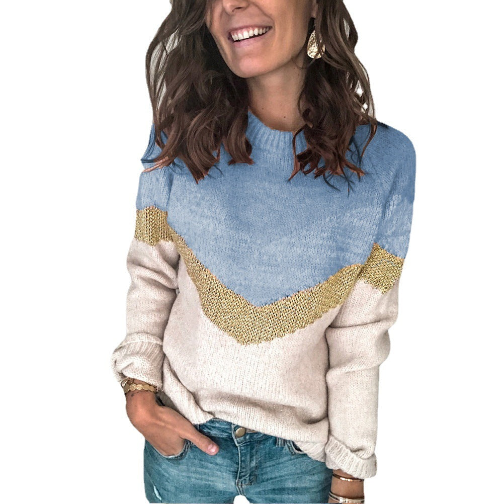 Contrast Panel Knit Pullover Crewneck Raglan Sleeve Sweater