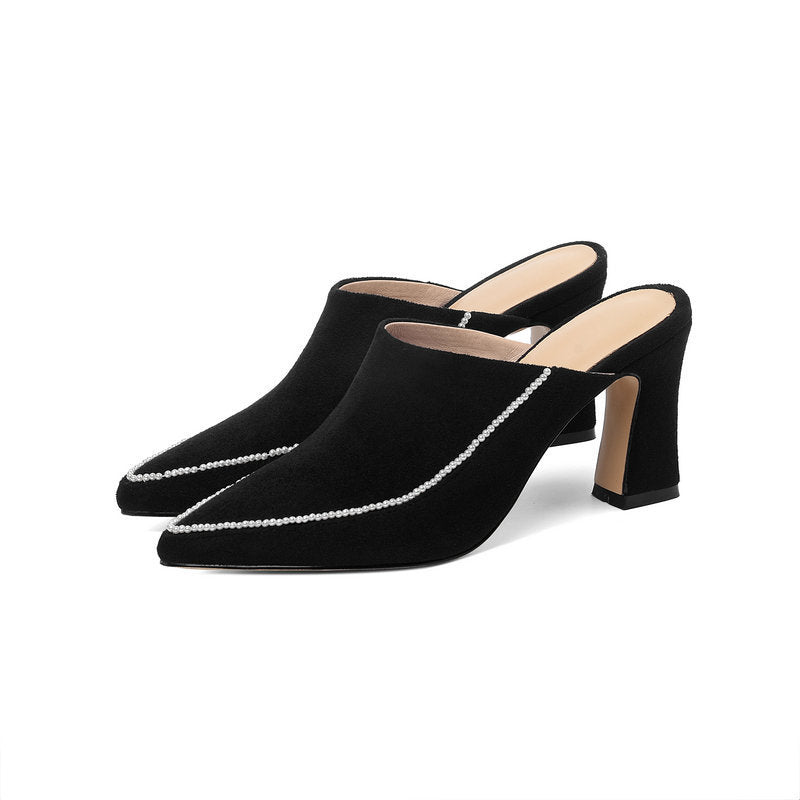 High-heeled Shoes Baotou Half Slippers Women's Outer Wear Half Support Thick-heeled High-heeled Shoes All-match Pointed Toe