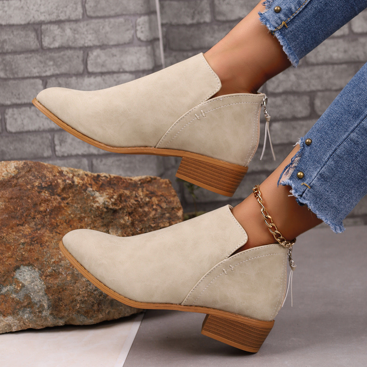 Short Boots For Women Chunky Heel Pointed Toe Ankle Boots With V-cut Design Fashion Fall Winter Short Boots For Women Shoes