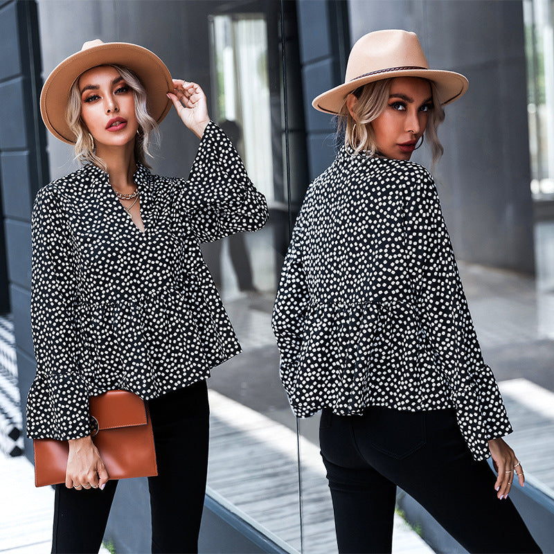 Women's Fashion V Neck Polka Dot Long Sleeve Shirt Elegant Top