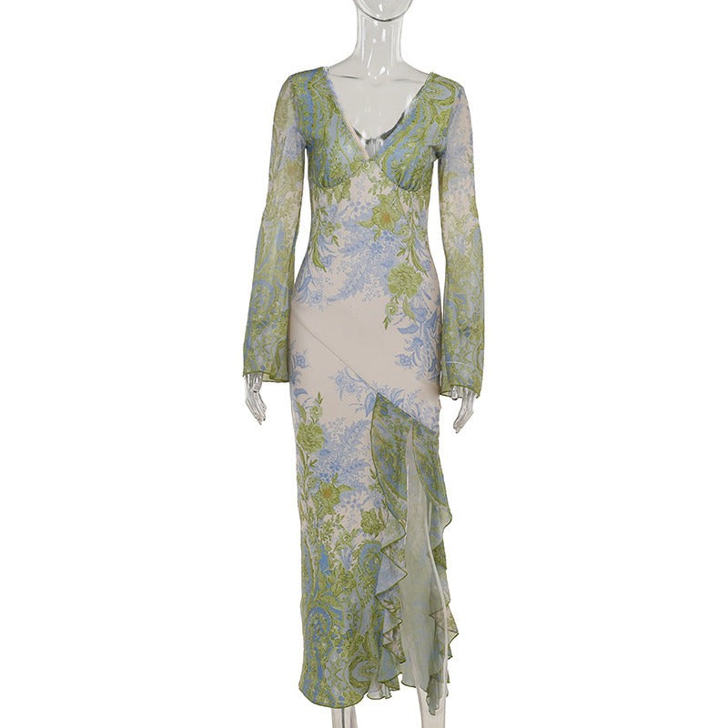 Women's Autumn Dress Elegant Slim Print Irregular Dress