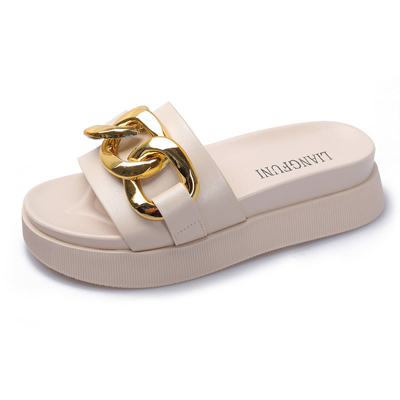 Flat-bottomed Flip-flop Summer New Style Metal Chain Flat-bottomed Lazy Beach Flip-flop Women