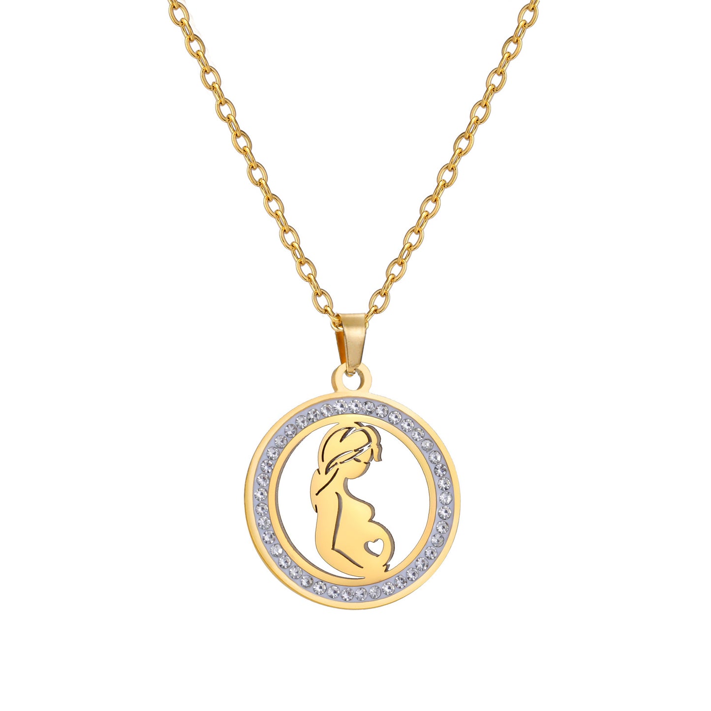 Transparent Zircon Round Pendant Necklace Stainless Steel