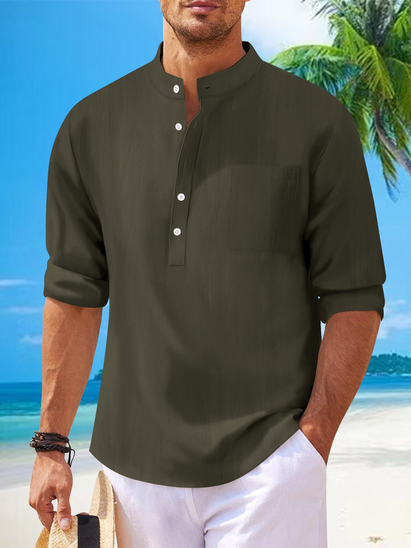 Men's Cotton Shirt And Linen Stand Collar Long Sleeve Shirt