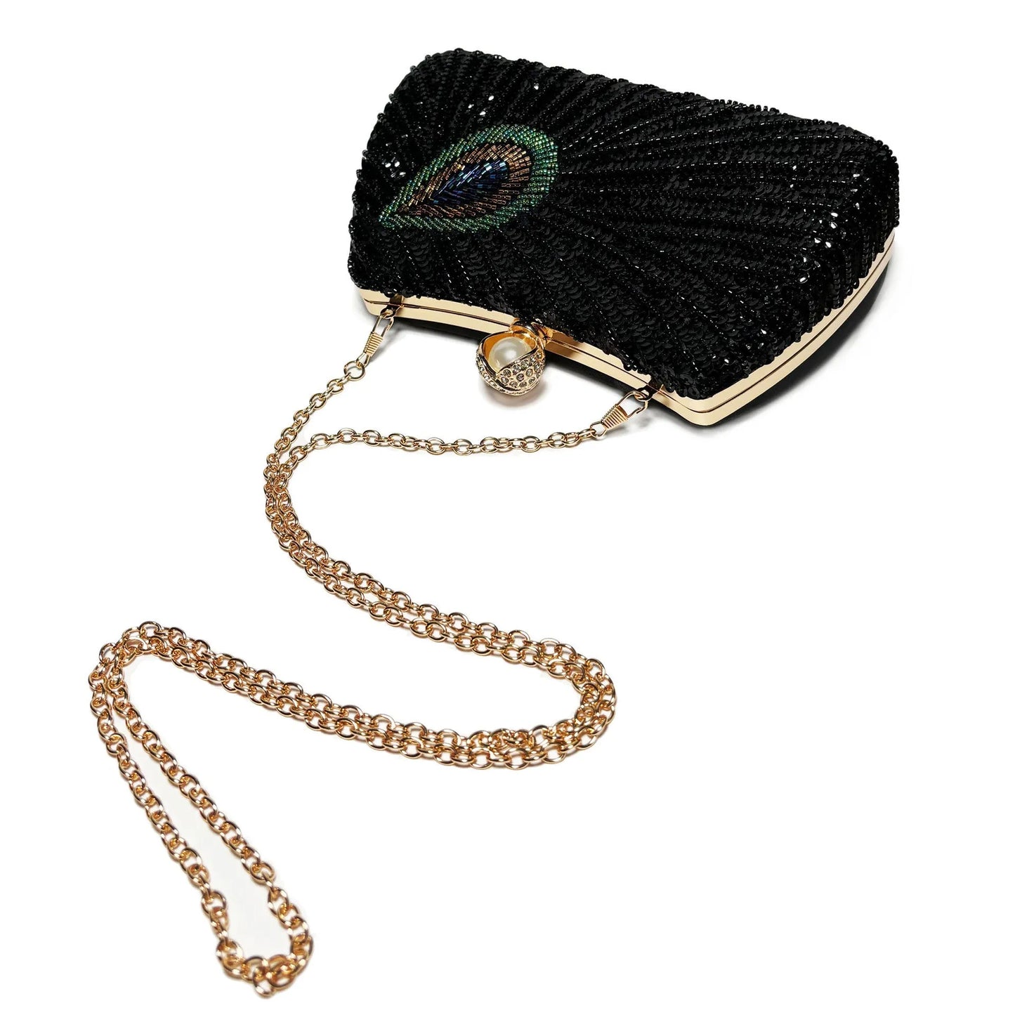 Beaded Peacock Feather Shoulder Bag Large Pearl Rhinestone Large Capacity Crossbody Shoulder Bag