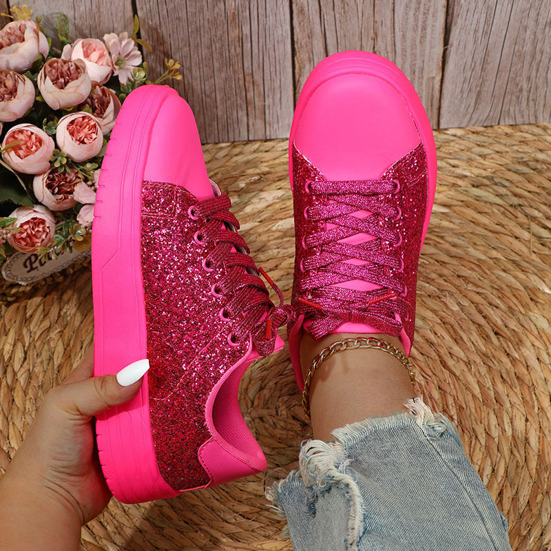 Glitter Lace-up Sneakers Sequin Design Flats Shoes Women Trendy Casual Thick-soled Lace-up Sneakers Fashion Skateboard Shoes